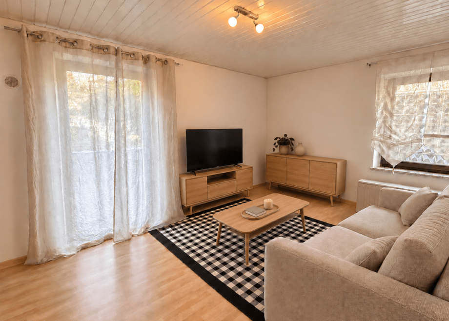 Wohnzimmer (KI-bearbeitet: Gegenst�nde entfernt/Beispielm�blierung) Etagenwohnung T�nnesberg