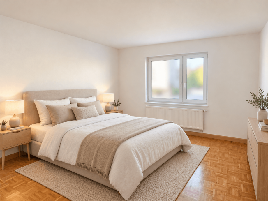 Gro�es Schlafzimmer (KI-bearbeitet: Beispielm�blierung erg�nzt) Etagenwohnung Weiden in der Oberpfalz